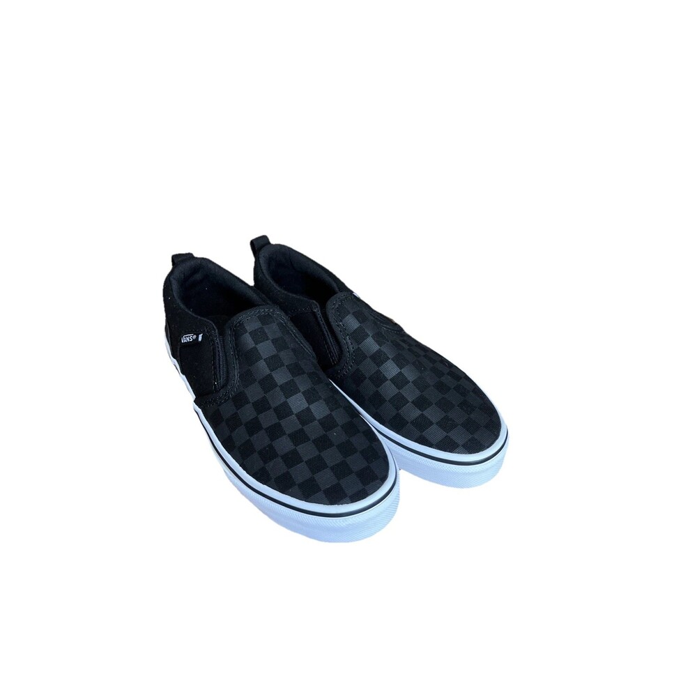 Vans Boy's (Kids) Asher Checker Black Slip On Skate Shoes-Size 2.5 Unisex Retro